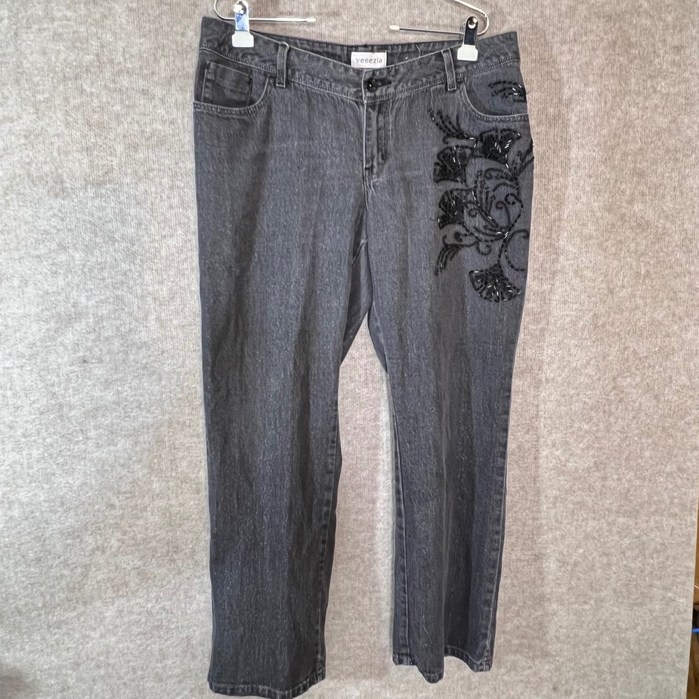Venezia Jeans Womens Size 16 Grey Beaded Floral Straight Leg Denim Whimsygoth